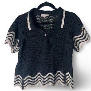 Solitaire – Women’s Crochet Knit Polo Top w/ Wave Trim Black & Taupe – Sz. S
